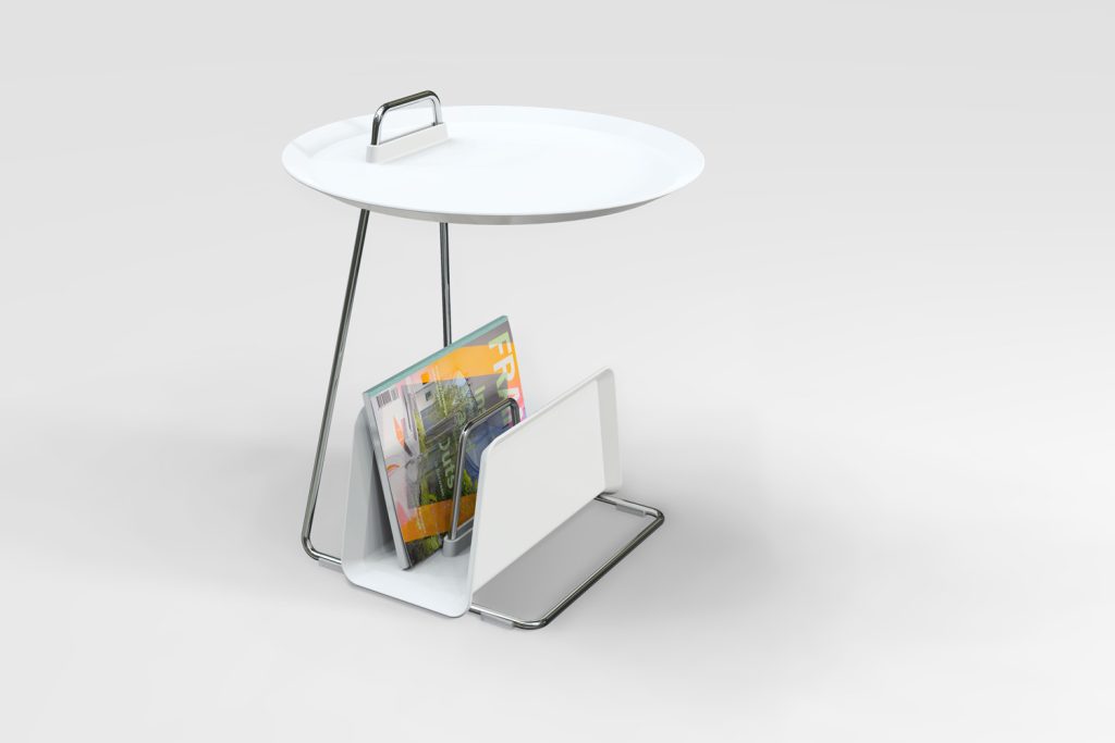 Studio Domo: Tabletttisch Porter mit Zeitschriftenständer Maggie by Designstudio speziell® – Der Zeitschriftenhalter lässt sich auf das Gestell aufclipsen, der Drahtbügel dient als Stütze und Griff