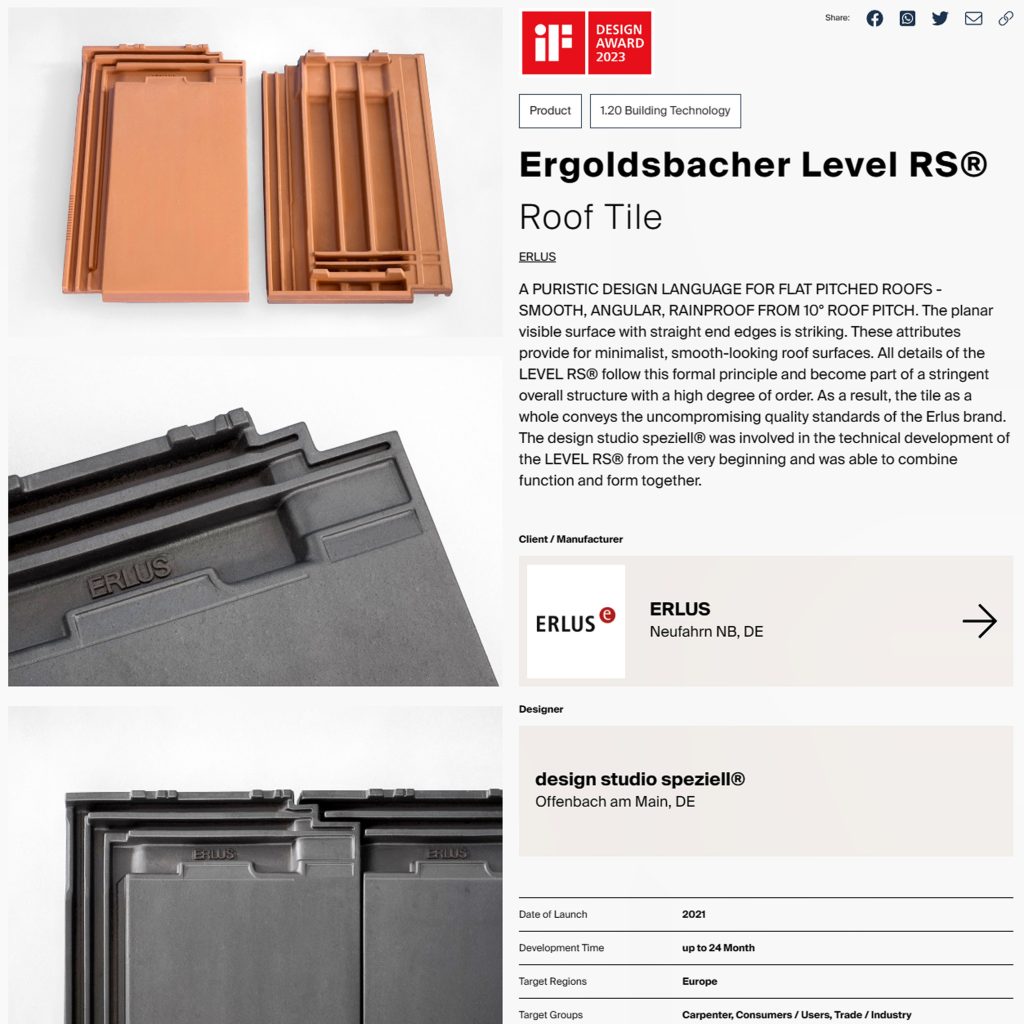 Katalogeintrag mit Beschreibung und Abbildung des Dachziegels "Ergoldsbacher LEVEL RS" beim iF Award 2023
